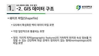 1.
 쉐이프 파일(Shapefile)
 GIS에서 특성화된 벡터 데이터 파일 포맷
 가장 일반적으로 통용되는 포맷
 정의: 지리적 피처(geographic features)의 기하학적 위치와 속성 정보를 저
장할 수 있는 간단하며 위상 관계가 정의되지 않는 형태(nontopological)의
파일 포맷
-2. GIS 데이터 구조
GIS 데이터 유형, 구조 알기
 