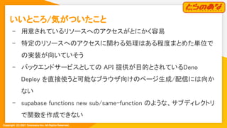 Copyright  (C) 2021 Toranoana Inc. All Rights Reserved.
いいところ/気がついたこと 
- 用意されているリソースへのアクセスがとにかく容易 
- 特定のリソースへのアクセスに関わる処理はある程度まとめた単位で
の実装が向いていそう 
- バックエンドサービスとしての API 提供が目的とされているDeno
Deploy を直接使うと可能なブラウザ向けのページ生成/配信には向か
ない 
- supabase functions new sub/same-function のような、サブディレクトリ
で関数を作成できない 
 