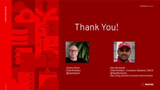 CONFIDENTIAL Designator
Thank You!
MSDayAtlanta2020
Veer Muchandi
Chief Architect - Container Solutions, NACS
@VeerMuchandi
https://blog.openshift.com/author/veermuchandi/
Jeremy Davis
Chief Architect
@argntprgrmr
 