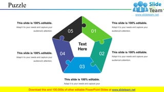 Puzzle
This slide is 100% editable.
Adapt it to your needs and capture your
audience's attention.
This slide is 100% editable.
Adapt it to your needs and capture your
audience's attention.
This slide is 100% editable.
Adapt it to your needs and capture your
audience's attention.
This slide is 100% editable.
Adapt it to your needs and capture your
audience's attention.
This slide is 100% editable.
Adapt it to your needs and capture your
audience's attention.
Text
Here
01
02
03
04
05
75
 