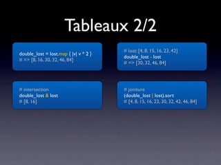 Tableaux 2/2
                                       # lost: [4, 8, 15, 16, 23, 42]
double_lost = lost.map { |v| v * 2 }
                                       double_lost - lost
# => [8, 16, 30, 32, 46, 84]
                                       # => [30, 32, 46, 84]




# intersection                         # jointure
double_lost & lost                     (double_lost | lost).sort
# [8, 16]                              # [4, 8, 15, 16, 23, 30, 32, 42, 46, 84]
 