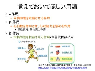 • α作用
– 末梢血管を収縮させる作用
• β1作用
– 心拍数を増加させ、心収縮力を強める作用
• 陽性変時、陽性変力作用
• β2作用
– 末梢血管を拡張させる作用+気管支拡張作用
覚えておいてほしい用語
役に立つ薬の情報～専門薬学 管理人：深井良祐 より引用
http://kusuri-jouhou.com/medi/allergy/tulobuterol.html
 