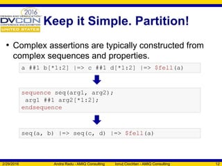 Keep it Simple. Partition!
• Complex assertions are typically constructed from
complex sequences and properties.
2/29/2016 Andra Radu - AMIQ Consulting Ionuț Ciocîrlan - AMIQ Consulting 12
a ##1 b[*1:2] |=> c ##1 d[*1:2] |=> $fell(a)
sequence seq(arg1, arg2);
arg1 ##1 arg2[*1:2];
endsequence
seq(a, b) |=> seq(c, d) |=> $fell(a)
 