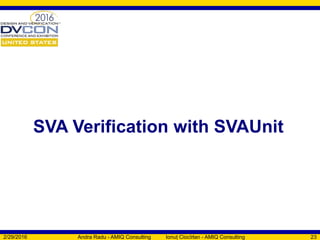 SVA Verification with SVAUnit
2/29/2016 Andra Radu - AMIQ Consulting Ionuț Ciocîrlan - AMIQ Consulting 23
 