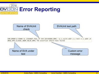 Error Reporting
2/29/2016 Andra Radu - AMIQ Consulting Ionuț Ciocîrlan - AMIQ Consulting 41
Name of SVAUnit
check
Custom error
message
Name of SVA under
test
SVAUnit test path
 