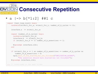 Consecutive Repetition
2/29/2016 Andra Radu - AMIQ Consulting Ionuț Ciocîrlan - AMIQ Consulting 49
• a |-> b[*1:2] ##1 c
repeat (test_loop_count) begin
randomize(stimuli_for_a, stimuli_for_c, number_of_b_cycles <= 2);
interface.a <= stimuli_for_a;
repeat (number_of_b_cycles) begin
randomize(stimuli_for_b)
interface.b <= stimuli_for_b;
if (stimuli_for_b == 1) number_of_b_assertions += 1;
@(posedge interface.clk);
end
if (stimuli_for_a == 1 && number_of_b_assertions == number_of_b_cycles &&
number_of_b_assertions > 0)
vpiw.pass_if_sva_started_but_not_finished("IMPLICATION_ASSERT",
"The assertion should have started but not finished!");
@(posedge interface.clk);
... // (continued on the next slide)
 