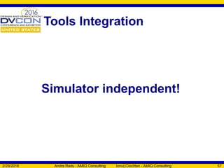 Tools Integration
2/29/2016 Andra Radu - AMIQ Consulting Ionuț Ciocîrlan - AMIQ Consulting 57
Simulator independent!
 