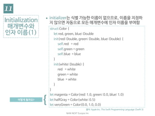 NHN	NEXT	Eunjoo	Im
struct Color {

let red, green, blue: Double

init(red: Double, green: Double, blue: Double) {

self.red = red

self.green = green

self.blue = blue

}

init(white: Double) {

red = white

green = white

blue = white

}

}

let magenta = Color(red: 1.0, green: 0.0, blue: 1.0)

let halfGray = Color(white: 0.5)

let veryGreen = Color(0.0, 1.0, 0.0)
Initialization

매개변수와
인자 이름(1)
▪ initializer는 식별 가능한 이름이 없으므로, 이름을 지정하
지 않으면 자동으로 모든 매개변수에 인자 이름을 부여함
어떻게	될까요?
{
출처: Apple Inc. The Swift Programming Language (Swift 3)
 