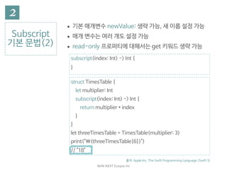 NHN	NEXT	Eunjoo	Im
Subscript

기본 문법(2)
▪ 기본 매개변수 newValue: 생략 가능, 새 이름 설정 가능

▪ 매개 변수는 여러 개도 설정 가능 

▪ read-only 프로퍼티에 대해서는 get 키워드 생략 가능
subscript(index: Int) -> Int {

}
struct TimesTable {

let multiplier: Int

subscript(index: Int) -> Int {

return multiplier * index

}

}

let threeTimesTable = TimesTable(multiplier: 3)

print("(threeTimesTable[6])")

// "18"
출처: Apple Inc. The Swift Programming Language (Swift 3)
 