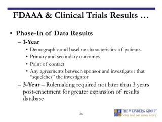 26
FDAAA & Clinical Trials Results …
• Phase-In of Data Results
– 1-Year
• Demographic and baseline characteristics of patients
• Primary and secondary outcomes
• Point of contact
• Any agreements between sponsor and investigator that
“squelches” the investigator
– 3-Year – Rulemaking required not later than 3 years
post-enactment for greater expansion of results
database
 