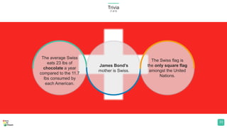 Trivia
(1 of 3)
33
The average Swiss
eats 23 lbs of
chocolate a year
compared to the 11.7
lbs consumed by
each American.
James Bond’s
mother is Swiss.
The Swiss flag is
the only square flag
amongst the United
Nations.
 