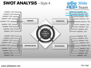 SWOT ANALYSIS – Style 4
     EXAMPLE TEXT                                       EXAMPLE TEXT
    EXAMPLE TEXT                                         EXAMPLE TEXT
  EXAMPLE TEXT                                           EXAMPLE TEXT
 EXAMPLE TEXT                                             EXAMPLE TEXT
EXAMPLE TEXT          THREATS               STRENGTHS       EXAMPLE TEXT
 EXAMPLE TEXT                                              EXAMPLE TEXT
  EXAMPLE TEXT                                            EXAMPLE TEXT
   EXAMPLE TEXT                    T   S                 EXAMPLE TEXT
    EXAMPLE TEXT                                        EXAMPLE TEXT

     EXAMPLE TEXT                                       EXAMPLE TEXT
    EXAMPLE TEXT                   O   W                 EXAMPLE TEXT
  EXAMPLE TEXT                                            EXAMPLE TEXT
 EXAMPLE TEXT                                              EXAMPLE TEXT
EXAMPLE TEXT        OPPORTUNITES           WEAKNESSES       EXAMPLE TEXT
 EXAMPLE TEXT                                              EXAMPLE TEXT
  EXAMPLE TEXT                                            EXAMPLE TEXT
   EXAMPLE TEXT                                          EXAMPLE TEXT
    EXAMPLE TEXT                                        EXAMPLE TEXT




www.slideteam.net                                           Your logo
 
