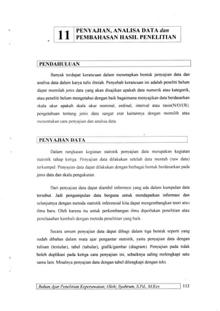 11
PENYAJIAN, ANALISA DATA dAN
PEMBAHASAN HASIL PENELITIAN
PENDAHULUAN
Banyakterdapatkerancuandalammenetapkanbentukpenyajiandata dan
analisadatadalamkaryatulis ilmiah.Penyebabkerancuanini adalahpenelitibelum
dapatmemilahjenis datayangakandisajikanapakahdatanumerikataukategorik,
ataupenelitibelummengetahuidenganbaikbagaimanamenyajikandataberdasarkan
skala ukur apakahskala ukur nominal, ordinal, interval atau rasio(N/O/VR).
pengetahuantentangjenis data sangaterat kaitannyadenganmemilih atau
menentukancarapenyajiandananalisadata.
I PENYAJIANDATA
Dalam rangkaian kegiatan statistik penyajian data merupakan kegiatan
statistik tahap ketiga. Penyajiandata dilakukan setelah data mentah (raw data)
terkurnpul.Penyajiandatadapatdilakukandenganberbagaibentukberdasarkanpada
jenis datadan skalapengukuran.
Dari penyajiandata dapatdiarnbil infonnasi yang adadalarnkumpulandata
tersebut. Jadi pengumpulan dat^ berguna untuk mendapatkan informasi dan
selaqjutnyadenganmetodastatistikinferensialkita dapatmengembangkanteori atar"r
ilmu baru. Oleh karena itu untuk perkembanganilmu diperlukan penelitian atau
penelaaahankembalidenganmetodapenelitianyangbaik.
Secara umum penyajian data dapat dibagi dalam tiga bentuk seperti yang
sudah dibahasdalam mata ajar pengantarstatistik, yaitu penyajiandata dengan
tulisan (textular), tabel (tabular), grafik/gambar (diagram). Penyajian pada tidak
boleh duplikasi pada ketiga cara penyajian ini, sebaiknya saling melengkapi satu
samalain. Misalnya penyajiandatadengantabel dilengkapi denganteks.
BohanAiar Penelitian Keperawatan: Oleh: Syahrum,S.Pd.,M.Kes 113
 