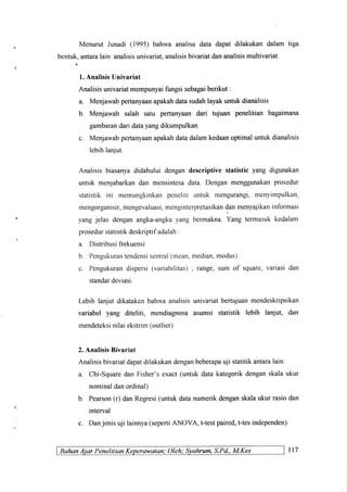 Menurut Junadi (1995) bahwa analisa data dapat dilakukan dalam tiga
bentuk,antaralain analisisunivariat, analisisbivariat dan analisismultivariat.
l. AnalisisUnivariat
Analisisunivariatmempunyaifungsisebagaiberikut:
a. Menjawabpertanyaanapakahdatasudahlayakuntukdianalisis
b. Menjawab salah satu pertanyaandari tujuan penelitian bagaimana
gambarandaridatayangdikumpulkan
c. Menjawabpertanyaanapakahdatadalamkedaanoptimaluntukdianalisis
lebihlanjut.
Analisisbiasanyadidahuluidengandescriptivestatistic yang digunakan
untuk menjabarkandan mensintesadata. Denganmenggunakanprosedur
statistik ini rnemungkinkanpeneliti untuk mengurangi,menyimpulkan,
mengorganisir,mengevaluasi,menginterpretasikandanmenyajikaninformasi
yangjelas denganangka-angkayangbermakna.Yang termasukkedalam
prosedurstatistikdeskriptifadalah:
a. Distribusifrekuensi
b. Pengukurantendensisentral(mean,median,modus)
c. Pengukurandispersi(variabilitas), range,sum of square,variasidan
standardeviasi.
Lebih lanjutdikatakanbahwaanalisisunivariatbertujuanmendeskripsikan
variabel yang diteliti, mendiagnosaasumsi statistik lebih lanjut, dan
mendeteksinilaiekstrim(outlier)
2.AnalisisBivariat
Analisisbivariatdapatdilakukandenganbeberapauji statitikantaralain:
a. Chi-SquaredanFisher'sexact(untukdatakategorikdenganskalaukur
nominaldanordinal)
b. Pearson(r) danRegresi(untukdatanurnerikdenganskalaukurrasiodan
interval
c. Danjenisuji lainnya(sepertiANOVA, t-testpaired,t-tesindependen).
BahanAiar Penelitian : Oleh: Syohrum,S.Pd.,M.Kes 117
 
