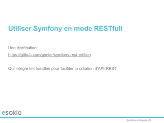 Symfony et Angular JS
Utiliser Symfony en mode RESTfull
Une distribution:
https://github.com/gimler/symfony-rest-edition
Qui intègre les bundles pour faciliter la création d’API REST
 