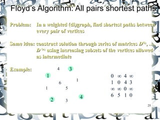 Floyd’s Algorithm: All pairs shortest paths 
Problem: In a weighted (di)graph, find sshhoorrtteesstt ppaatthhss bbeettwweeeenn 
25 
eevveerryy ppaaiirr ooff vveerrttiicceess 
SSaammee iiddeeaa:: ccoonnssttrruucctt ssoolluuttiioonn tthhrroouugghh sseerriieess ooff mmaattrriicceess DD((00)),, ……,, 
DD ((nn)) uussiinngg iinnccrreeaassiinngg ssuubbsseettss ooff tthhee vveerrttiicceess aalllloowweedd 
aass iinntteerrmmeeddiiaattee 
EExxaammppllee:: 3 
2 4 
1 
4 
1 
6 1 
5 
3 
0 ∞ 4 ∞ 
1 0 4 3 
∞ ∞ 0 ∞ 
6 5 1 0 
 
