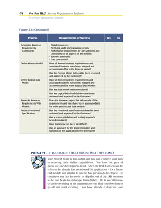 64

Section III:2 System Requirements Analysis
NYS Project Management Guidebook

Figure 2-8 (Continued)
Process

Measurements of Success

Determine Business
Requirements
(Continued)

No

• Disaster recovery;
• Archiving, audit and regulatory needs;
• Performance requirements by all Customers and
Consumers for all aspects of the system;
• Business continuity;
• Data conversion?

Define Process Model

Yes

Have all known business requirements and
associated business rules been mapped and
accommodated for in the Process Model?
Has the Process Model deliverable been reviewed
and approved by the Customer?

Define Logical Data
Model

Have all known business requirements and
associated business rules been mapped and
accommodated for in the Logical Data Model?
Has the data model been normalized?
Has the Logical Data Model deliverable been
reviewed and approved by the Customer?

Reconcile Business
Requirements With
Models

Does the Customer agree that all aspects of the
requirements and rules have been accommodated
for in the process and data models?

Produce Functional
Specification

Has the Functional Specification deliverable been
reviewed and approved by the Customer?
Has a system validation and testing approach
been formulated?
Have training needs been identified?
Has an approach for the implementation and
transition of the application been developed?

Phase Risks / Ways to Avoid Pitfalls
PITFALL #1 – IF YOU BUILD IT (TOO SOON), WILL THEY COME?
Your Project Team is top-notch and you can’t believe your luck
in securing their stellar capabilities. You have the guru of
gurus as your development lead. After the first JAD session he
tells you he already has envisioned the application – it’s a financial module and similar to one he has previously developed. He
convinces you that he needs to skip the rest of the JAD sessions
so he can begin to prototype immediately. He is so enthusiastic and convincing in his argument to you, that you bless him to
go off and start creating. You have already re-forecast your

 