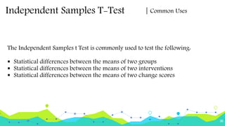 3636
The Independent Samples t Test is commonly used to test the following:
 Statistical differences between the means of two groups
 Statistical differences between the means of two interventions
 Statistical differences between the means of two change scores
Independent Samples T-Test | Common Uses
 