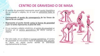 CENTRO DE GRAVEDAD O DE MASA
▪ El centro de gravedad representa aquel punto hipotético
de un cuerpo u objeto, en el cual se concentra toda su
masa.
▪ Corresponde al punto de convergencia de las líneas de
fuerza de un cuerpo.
▪ Representa al punto donde actúa la fuerza de gravedad
y por lo tanto representa al peso de este.
▪ En un cuerpo u objeto simétrico, el centro de gravedad se
localiza en el centro geométrico de dicho cuerpo u
objeto.
▪ Por otro lado, en un objeto o cuerpo asimétrico, el centro
de gravedad se encuentra hacia el extremo más pesado,
es decir, en aquel punto donde se distribuye
equitativamente la masa.
17
 