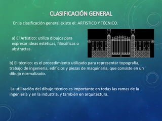 a) El Artístico: utiliza dibujos para
expresar ideas estéticas, filosóficas o
abstractas.
b) El técnico: es el procedimiento utilizado para representar topografía,
trabajo de ingeniería, edificios y piezas de maquinaria, que consiste en un
dibujo normalizado.
La utilización del dibujo técnico es importante en todas las ramas de la
ingeniería y en la industria, y también en arquitectura.
En la clasificación general existe el: ARTISTICO Y TÉCNICO.
 