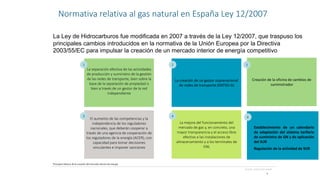 9
Establecimiento de un calendario
de adaptación del sistema tarifario
de suministro de GN y de aplicación
del SUR
Regulación de la actividad de SUR
Principios básicos dela creación del mercado interior deenergía
[Fuente: elaboración propia]
La separación efectiva de las actividades
de producción y suministro de la gestión
de las redes de transporte, bien sobre la
base de la separación de propiedad o
bien a través de un gestor de la red
independiente
La creación de un gestor supranacional
de redes de transporte (ENTSO-G)
El aumento de las competencias y la
independencia de los reguladores
nacionales, que deberán cooperar a
través de una agencia de cooperación de
los reguladores de la energía (ACER), con
capacidad para tomar decisiones
vinculantes e imponer sanciones
La mejora del funcionamiento del
mercado de gas y, en concreto, una
mayor transparencia y el acceso libre
efectivo a las instalaciones de
almacenamiento y a los terminales de
GNL
1
3
2
4
Creación de la oficina de cambios de
suministrador
5
6
La Ley de Hidrocarburos fue modificada en 2007 a través de la Ley 12/2007, que traspuso los
principales cambios introducidos en la normativa de la Unión Europea por la Directiva
2003/55/EC para impulsar la creación de un mercado interior de energía competitivo
Normativa relativa al gas natural en España Ley 12/2007
 