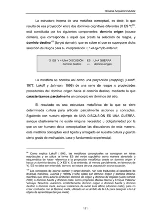 Rosana Acquaroni Muñoz
111
La estructura interna de una metáfora conceptual, es decir, la que
resulta de esa proyección entre dos dominios cognitivos diferentes (X ES Y)99
,
está constituida por los siguientes componentes: dominio origen (source
domain), que corresponde a aquél que presta la selección de rasgos, y
dominio destino100
(target domain), que es sobre el que se superpone dicha
selección de rasgos para su interpretación. En el ejemplo anterior:
La metáfora se concibe así como una proyección (mapping) (Lakoff,
1977; Lakoff y Johnson, 1996) de una serie de rasgos o propiedades
procedentes del dominio origen hacia el dominio destino, mediante la que
caracterizamos parcialmente un concepto en términos del otro.
El resultado es una estructura metafórica de la que se sirve
determinada cultura para articular parcialmente acciones y conceptos.
Siguiendo con nuestro ejemplo de UNA DISCUSIÓN ES UNA GUERRA,
aunque objetivamente no existe ninguna necesidad u obligatoriedad por la
que un ser humano deba conceptualizar las discusiones de esta manera,
esta metáfora conceptual está ligada y arraigada en nuestra cultura y guarda
cierto grado de motivación, base y fundamento experiencial:
99
Como explica Lakoff (1993), las metáforas conceptuales se consignan en letras
mayúsculas y se utiliza la forma ES del verbo copulativo como manera abreviada o
esquemática de hacer referencia a la proyección metafórica desde un dominio origen Y
hacia un dominio destino X (X ES Y; X se entiende, al menos parcialmente, en términos de
Y). ES no debe ser entendido como si se tratara de una proposición o una ecuación.
100
Los conceptos de source domain y target domain, han sido traducidos al castellano de
diversas maneras. Cuenca y Hilferty (1999) optan por dominio origen y dominio destino,
mientras que otros autores prefieren dominio de origen y dominio de llegada (Geck Scheld,
2000) o dominio fuente y dominio meta, como proponen Marisa Blanco y Enrique Palancar
Vizcaya. Nosotros usaremos indistintamente dominio origen o dominio fuente y dominio
destino o dominio meta, aunque trataremos de evitar éste último (dominio meta), para no
crear confusión con el término meta, utilizado en el ámbito de la LA para designar a la L2
objeto de aprendizaje (lengua meta).
X ES Y > UNA DISCUSIÓN ES UNA GUERRA
dominio destino ⇐ dominio origen
 