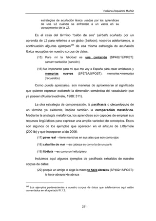 Rosana Acquaroni Muñoz
251
estrategias de acuñación léxica usadas por los aprendices
de una L2 cuando se enfrentan a un vacío en su
conocimiento de la L2.
Es el caso del término “balón de aire” (airball) acuñado por un
aprendiz de L2 para referirse a un globo (balloon); nosotros adelantamos, a
continuación algunos ejemplos245
de esa misma estrategia de acuñación
léxica recogidos en nuestro corpus de datos.
(15) Para mí la felicidad es una cantación (SP482/12/PRET):
cantar>cantación (canción)
(16) fue importante para mí que me voy a España para crear amistades y
memorias nuevos (SP376A/5/POST): memories>memorias
(recuerdos)
Como puede apreciarse, son maneras de aproximarse al significado
que quieren expresar estirando la dimensión semántica del vocabulario que
ya poseen (Kumaravadivelu, 1988: 311).
La otra estrategia de compensación, la paráfrasis o circunloquio de
un término ya existente, implica también la comparación metafórica.
Mediante la analogía metafórica, los aprendices son capaces de emplear sus
recursos lingüísticos para expresar una amplia variedad de conceptos. Estos
son algunos de los ejemplos que aparecen en el artículo de Littlemore
(2001b) y que incorporan al de 2006:
(17) pavo real →tiene manchas en sus alas que son como ojos
(18) caballito de mar →su cabeza es como la de un punk
(19) libélula →es como un helicóptero
Incluimos aquí algunos ejemplos de paráfrasis extraídos de nuestro
corpus de datos:
(20) porque un amigo te coge la mano te hace abrazos (SP482/15/POST):
te hace abrazos>te abraza
245
Los ejemplos pertenecientes a nuestro corpus de datos que adelantamos aquí están
comentados en el apartado III.1.3.
 