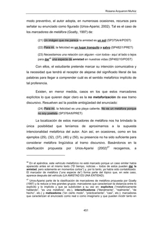 Rosana Acquaroni Muñoz
451
modo preventivo, el autor adopta, en numerosas ocasiones, recursos para
señalar su enunciado como figurado (Urios-Aparisi, 2002). Tal es el caso de
los marcadores de metáfora (Goatly, 1997) de:
(21) Un imágen que me parece la amistad es un sol (SP375A/4/POST)
(22) Para mí, la felicidad es un lugar tranquilo y salvo (SP482/1/PRET)
(23) Necesitamos una relación con alguien –con todos– aquí al lado o lejos
para dar46
una especie de amistad en nuestras vidas (SP482/10/POST)
Con ellos, el estudiante pretende marcar su intención comunicativa y
la necesidad que tendrá el receptor de alejarse del significado literal de las
palabras para llegar a comprender cuál es el sentido metafórico implícito de
tal proferencia.
Existen, en menor medida, casos en los que estos marcadores
explícitos lo que quieren dejar claro es la no metaforización de ese tramo
discursivo. Resuelven así la posible ambigüedad del enunciado:
(24) Para mí, la felicidad es una playa caliente. No es un metáfora porque
no soy poetista (SP376A/6/PRET)
La localización de estos marcadores de metáfora nos ha brindado la
única posibilidad que teníamos de aproximarnos a la supuesta
intencionalidad metafórica del autor. Aún así, en ocasiones, como en los
ejemplos (29), (32), (37), (46) y (50), su presencia no ha sido suficiente para
considerar metáfora lingüística al tramo discursivo. Basándonos en la
clasificación propuesta por Urios-Aparisi (2002)47
recogemos, a
46
En el apéndice, este vehículo metafórico no está marcado porque un caso similar había
aparecido antes en el mismo texto (“El tiempo, noticias – todos de estos pueden dar la
amistad, pero solamente en momentos cortos”) y, por lo tanto, ya había sido contabilizado.
El marcador de metáfora (“una especie de”) forma parte del tópico que, en este caso,
aparece después del vehículo (LA AMISTAD ES UNA ENTIDAD).
47
Urios-Aparisi parte de la clasificación de marcadores de metáfora propuesta por Goatly
(1997) y la reduce a tres grandes grupos: marcadores que caracterizan la distancia entre lo
explícito y lo implícito y que se subdividen a su vez en: explícitos (“metafóricamente
hablando”, “es una metáfora”, etc.), intensificadores (“literalmente”, “realmente”, “de
hecho”, etc.) y matizadores (“en cierto modo”, “prácticamente”, “casi”, etc.); marcadores
que caracterizan el enunciado como real o como imaginario y que pueden incidir tanto en
 