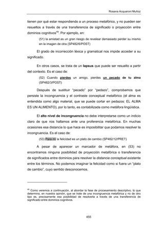 Rosana Acquaroni Muñoz
455
tienen por qué estar respondiendo a un proceso metafórico, y no pueden ser
resueltos a través de una transferencia de significado o proyección entre
dominios cognitivos49
. Por ejemplo, en:
(51) la amistad es un gran riesgo de revelear demasiado perder su mismo
en la imagen de otra (SP482/6/POST)
El grado de incorrección léxica y gramatical nos impide acceder a su
significado.
En otros casos, se trata de un lapsus que puede ser resuelto a partir
del contexto. Es el caso de:
(52) Cuando pierdes un amigo, pierdes un pecado de tu alma
(SP482/3/POST)
Después de sustituir “pecado” por “pedazo”, comprobamos que
persiste la incongruencia y el contraste conceptual metafórico (el alma es
entendida como algo material, que se puede cortar en pedazos: EL ALMA
ES UN ALIMENTO), por lo tanto, es contabilizada como metáfora lingüística.
El alto nivel de incongruencia no debe interpretarse como un indicio
claro de que nos hallamos ante una proferencia metafórica. En muchas
ocasiones esa distancia lo que hace es imposibilitar que podamos resolver la
incongruencia. Es el caso de:
(53) Para mí la felicidad es un plato de cambio (SP482/12/PRET)
A pesar de aparecer un marcador de metáfora, en (53) no
encontramos ninguna posibilidad de proyección metafórica o transferencia
de significados entre dominios para resolver la distancia conceptual existente
entre los términos. No podemos imaginar la felicidad como si fuera un “plato
de cambio”, cuyo sentido desconocemos.
49
Como veremos a continuación, al abordar la fase de procesamiento descriptivo, lo que
determina, en nuestra opinión, que se trate de una incongruencia metafórica y no de otro
tipo es, precisamente esa posibilidad de resolverla a través de una transferencia de
significado entre dominios cognitivos.
 