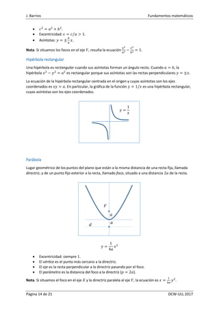 J. Barrios Fundamentos matemáticos
Página 14 de 21 OCW-ULL 2017
 𝑐2
= 𝑎2
+ 𝑏2
.
 Excentricidad: 𝜖 = 𝑐 𝑎⁄ > 1.
 Asíntotas: 𝑦 = ±
𝑏
𝑎
𝑥.
Nota. Si situamos los focos en el eje 𝑌, resulta la ecuación
𝑦2
𝑎2 −
𝑥2
𝑏2 = 1.
Hipérbola rectangular
Una hipérbola es rectangular cuando sus asíntotas forman un ángulo recto. Cuando 𝑎 = 𝑏, la
hipérbola 𝑥2
− 𝑦2
= 𝑎2
es rectangular porque sus asíntotas son las rectas perpendiculares 𝑦 = ±𝑥.
La ecuación de la hipérbola rectangular centrada en el origen y cuyas asíntotas son los ejes
coordenados es 𝑥𝑦 = 𝑎. En particular, la gráfica de la función 𝑦 = 1/𝑥 es una hipérbola rectangular,
cuyas asíntotas son los ejes coordenados.
Parábola
Lugar geométrico de los puntos del plano que están a la misma distancia de una recta fija, llamada
directriz, y de un punto fijo exterior a la recta, llamado foco, situado a una distancia 2𝑎 de la recta.
𝑦 =
1
4𝑎
𝑥2
 Excentricidad: siempre 1.
 El vértice es el punto más cercano a la directriz.
 El eje es la recta perpendicular a la directriz pasando por el foco.
 El parámetro es la distancia del foco a la directriz (𝑝 = 2𝑎).
Nota. Si situamos el foco en el eje 𝑋 y la directriz paralela al eje 𝑌, la ecuación es 𝑥 =
1
4𝑎
𝑦2
.
𝑦 =
1
𝑥
𝑎
𝑎
𝐹
𝑑
 