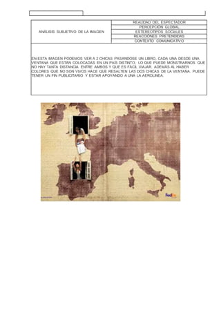 ANÁLISIS SUBJETIVO DE LA IMAGEN
REALIDAD DEL ESPECTADOR
PERCEPCIÓN GLOBAL
ESTEREOTIPOS SOCIALES
REACCIÓNES PRETENDIDAS
CONTEXTO COMUNICATIVO
EN ESTA IMAGEN PODEMOS VER A 2 CHICAS PASANDOSE UN LIBRO, CADA UNA DESDE UNA
VENTANA QUE ESTÁN COLOCADAS EN UN PAÍS DISTINTO, LO QUE PUEDE MONSTRARNOS QUE
NO HAY TANTA DISTANCIA ENTRE AMBOS Y QUE ES FÁCIL VIAJAR. ADEMÁS AL HABER
COLORES QUE NO SON VIVOS HACE QUE RESALTEN LAS DOS CHICAS DE LA VENTANA. PUEDE
TENER UN FIN PUBLICITARIO Y ESTAR APOYANDO A UNA LA AEROLINEA.
 