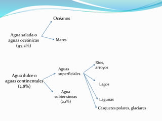 Agua salada o
aguas oceánicas
(97,2%)
Agua dulce o
aguas continentales
(2,8%)
Océanos
Mares
Ríos,
arroyos
Lagos
Lagunas
Aguas
superficiales
Agua
subterráneas
(2,1%)
Casquetes polares, glaciares
 