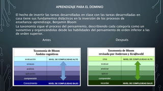 El hecho de invertir las tareas desarrolladas en clase con las tareas desarrolladas en
casa tiene sus fundamentos didácticos en la inversión de los procesos de
enseñanza-aprendizaje, Benjamín Bloom
APRENDIZAJE PARA EL DOMINIO
La taxonomía sigue el proceso del pensamiento, describiendo cada categoría como un
sustantivo y organizándolas desde las habilidades del pensamiento de orden inferior a las
de orden superior.
Antes Después
 