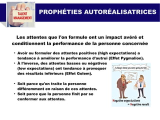 PROPHÉTIES AUTORÉALISATRICES
Les attentes que l'on formule ont un impact avéré et
conditionnent la performance de la personne concernée
●
Avoir ou formuler des attentes positives (high expectations) a
tendance à améliorer la performance d'autrui (Effet Pygmalion).
●
À l'inverse, des attentes basses ou négatives
(low expectations) ont tendance à provoquer
des résultats inférieurs (Effet Golem).
●
Soit parce qu'on traite la personne
différemment en raison de ces attentes.
●
Soit parce que la personne finit par se
conformer aux attentes.
 