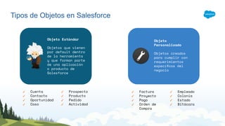 Tipos de Objetos en Salesforce
Objeto Estándar
Objetos que vienen
por default dentro
de la herramienta
y que forman parte
de una aplicación
o producto de
Salesforce
✓ Cuenta
✓ Contacto
✓ Oportunidad
✓ Caso
✓ Prospecto
✓ Producto
✓ Pedido
✓ Actividad
Objeto
Personalizado
Objetos creados
para cumplir con
requerimientos
especíﬁcos del
negocio
✓ Factura
✓ Proyecto
✓ Pago
✓ Orden de
Compra
✓ Empleado
✓ Colonia
✓ Estado
✓ Bitácora
 