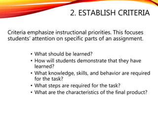 2. ESTABLISH CRITERIA
Criteria emphasize instructional priorities. This focuses
students’ attention on specific parts of an assignment.
• What should be learned?
• How will students demonstrate that they have
learned?
• What knowledge, skills, and behavior are required
for the task?
• What steps are required for the task?
• What are the characteristics of the final product?
 
