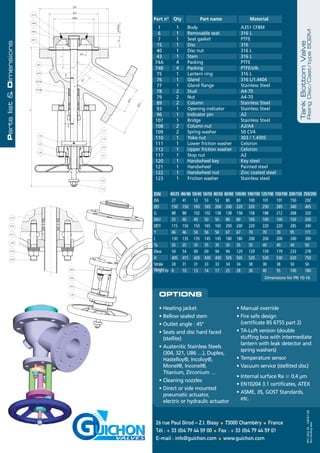 STROKE
VALVES
OPTIONS
• Heating jacket
• Bellow sealed stem
• Outlet angle : 45°
• Seats and disc hard faced
(stellite)
• Austenitic Stainless Steels
(304, 321, UB6 …), Duplex,
Hastelloy®, Incoloy®,
Monel®, Inconel®,
Titanium, Zirconium …
• Cleaning nozzles
• Direct or side mounted
pneumatic actuator,
electric or hydraulic actuator
• Manual override
• Fire safe design
(certificate BS 6755 part 2)
• TA-Luft version (double
stuffing box with intermediate
lantern with leak detector and
spring washers)
• Temperature sensor
• Vacuum service (stellited disc)
• Internal surface Ra Ն 0,4 µm
• EN10204 3.1 certificates, ATEX
• ASME, JIS, GOST Standards,
etc.
26 rue Paul Girod – Z.I. Bissy • 73000 Chambéry • France
Tél : + 33 (0)4 79 44 59 00 • Fax : + 33 (0)4 79 44 59 01
E-mail : info@guichon.com • www.guichon.com
Partslist&Dimensions
1
6
7
15
40
43
74A
74B
75
76
77
78
79
89
93
96
107
108
109
110
111
112
117
120
121
122
123
Body
Removable seat
Seat gasket
Disc
Disc nut
Stem
Packing
Packing
Lantern ring
Gland
Gland flange
Stud
Nut
Column
Opening indicator
Indicator pin
Bridge
Column nut
Spring washer
Yoke nut
Lower friction washer
Upper friction washer
Stop nut
Handwheel key
Handwheel
Handwheel nut
Friction washer
A351 CF8M
316 L
PTFE
316
316 L
316 L
PTFE
PTFE/silk
316 L
316 L/1.4404
Stainless Steel
A4-70
A4-70
Stainless Steel
Stainless Steel
A2
Stainless Steel
A2/A4
50 CV4
303 / 1.4305
Celoron
Celoron
A2
Key steel
Painted steel
Zinc coated steel
Stainless steel
1
1
1
1
1
1
4
4
1
1
1
2
2
2
1
1
1
2
2
1
1
1
1
1
1
1
1
Part n° MaterialQty Part name
TankBottomValve
RisingDisc/Cast/type602M
40/25
27
150
88
25
115
46
130
35
54
405
28
8
40/40
41
150
88
40
150
46
135
35
54
415
31
10
50/40
53
165
102
40
150
50
135
35
69
420
31
13
50/50
53
165
102
50
165
56
145
35
69
430
33
14
80/50
53
200
138
50
165
56
145
35
94
430
33
17
80/80
80
200
138
80
200
67
180
35
94
505
34
25
100/80
80
220
158
80
200
67
180
35
129
505
34
28
100/100
100
220
158
100
220
70
200
35
129
520
38
30
125/100
101
250
188
100
220
70
200
40
159
530
38
40
150/100
101
285
212
100
220
70
200
40
179
530
38
55
200/150
150
340
268
150
285
95
240
40
233
620
50
100
250/200
202
405
320
200
340
171
300
50
278
750
50
180
RFC-602M-GB/07.08
Nonbindingdata
Dimensions for PN 10-16
DN
ØA
ØD
G
ØA1
ØD1
Y
L
Ta
Øwa
H
Stroke
Weight(Kg)
 