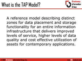 What is the TAP Model? A reference model describing distinct zones for data placement and storage functionality for an entire information infrastructure that delivers improved levels of service, higher levels of data quality and cost effective utilization of assets for contemporary applications. 