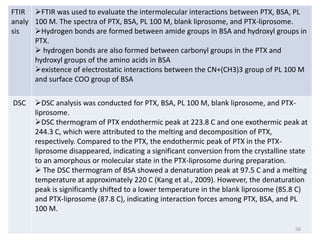 FTIR
analy
sis
FTIR was used to evaluate the intermolecular interactions between PTX, BSA, PL
100 M. The spectra of PTX, BSA, PL 100 M, blank liprosome, and PTX-liprosome.
Hydrogen bonds are formed between amide groups in BSA and hydroxyl groups in
PTX.
 hydrogen bonds are also formed between carbonyl groups in the PTX and
hydroxyl groups of the amino acids in BSA
existence of electrostatic interactions between the CN+(CH3)3 group of PL 100 M
and surface COO group of BSA
DSC DSC analysis was conducted for PTX, BSA, PL 100 M, blank liprosome, and PTX-
liprosome.
DSC thermogram of PTX endothermic peak at 223.8 C and one exothermic peak at
244.3 C, which were attributed to the melting and decomposition of PTX,
respectively. Compared to the PTX, the endothermic peak of PTX in the PTX-
liprosome disappeared, indicating a significant conversion from the crystalline state
to an amorphous or molecular state in the PTX-liprosome during preparation.
 The DSC thermogram of BSA showed a denaturation peak at 97.5 C and a melting
temperature at approximately 220 C (Kang et al., 2009). However, the denaturation
peak is significantly shifted to a lower temperature in the blank liprosome (85.8 C)
and PTX-liprosome (87.8 C), indicating interaction forces among PTX, BSA, and PL
100 M.
56
 
