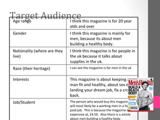 Target Audience this magazine is for 20 year
 Age range   I think
                               olds and over
 Gender                        I think this magazine is mainly for
                               men, because its about men
                               building a healthy body.
 Nationality (where are they   I think this magazine is for people in
 live)                         the uk because it talks about
                               supplies in the uk.
 Race (their heritage)         I can see the magazine is for men in the uk


 Interests                     This magazine is about keeping a
                               man fit and healthy, about sex drive,
                               landing your dream job, fix a crook
                               back.
 Job/Student                   The person who would buy this magazine,
                               will most likely be a working men in a high
                               paid job. This is because the magazine is
                               expensive at, £4.50. Also there is a article
                               about men building a healthy body .
 