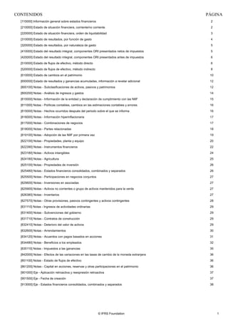 © IFRS Foundation 1
CONTENIDOS PÁGINA
[110000] Información general sobre estados financieros 2
[210000] Estado de situación financiera, corriente/no corriente 2
[220000] Estado de situación financiera, orden de liquidabilidad 3
[310000] Estado de resultados, por función de gasto 4
[320000] Estado de resultados, por naturaleza de gasto 5
[410000] Estado del resultado integral, componentes ORI presentados netos de impuestos 5
[420000] Estado del resultado integral, componentes ORI presentados antes de impuestos 6
[510000] Estado de flujos de efectivo, método directo 6
[520000] Estado de flujos de efectivo, método indirecto 8
[610000] Estado de cambios en el patrimonio 10
[650000] Estado de resultados y ganancias acumuladas, información a revelar adicional 12
[800100] Notas - Subclasificaciones de activos, pasivos y patrimonios 12
[800200] Notas - Análisis de ingresos y gastos 14
[810000] Notas - Información de la entidad y declaración de cumplimiento con las NIIF 15
[811000] Notas - Políticas contables, cambios en las estimaciones contables y errores 16
[815000] Notas - Hechos ocurridos después del periodo sobre el que se informa 16
[816000] Notas - Información hiperinflacionaria 17
[817000] Notas - Combinaciones de negocios 17
[818000] Notas - Partes relacionadas 18
[819100] Notas - Adopción de las NIIF por primera vez 19
[822100] Notas - Propiedades, planta y equipo 20
[822390] Notas - Instrumentos financieros 22
[823180] Notas - Activos intangibles 24
[824180] Notas - Agricultura 25
[825100] Notas - Propiedades de inversión 26
[825480] Notas - Estados financieros consolidados, combinados y separados 26
[825500] Notas - Participaciones en negocios conjuntos 27
[825600] Notas - Inversiones en asociadas 27
[825900] Notas - Activos no corrientes o grupo de activos mantenidos para la venta 27
[826380] Notas - Inventarios 27
[827570] Notas - Otras provisiones, pasivos contingentes y activos contingentes 28
[831110] Notas - Ingresos de actividades ordinarias 29
[831400] Notas - Subvenciones del gobierno 29
[831710] Notas - Contratos de construcción 29
[832410] Notas - Deterioro del valor de activos 29
[832600] Notas - Arrendamientos 30
[834120] Notas - Acuerdos con pagos basados en acciones 31
[834480] Notas - Beneficios a los empleados 32
[835110] Notas - Impuestos a las ganancias 35
[842000] Notas - Efectos de las variaciones en las tasas de cambio de la moneda extranjera 36
[851100] Notas - Estado de flujos de efectivo 36
[861200] Notas - Capital en acciones, reservas y otras participaciones en el patrimonio 36
[901000] Eje - Aplicación retroactiva y reexpresión retroactiva 37
[901500] Eje - Fecha de creación 37
[913000] Eje - Estados financieros consolidados, combinados y separados 38
 
