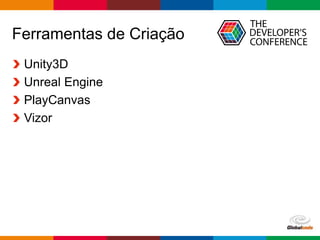 Globalcode – Open4education
Ferramentas de Criação
Unity3D
Unreal Engine
PlayCanvas
Vizor
 