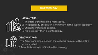 1 . The data transmission is high-speed.
2. The possibility of collision is minimum in this type of topology.
3. Cheap to install and expand.
4. Itis less costly than a star topology.
ADVANTAGE:
RING TOPOLOGY
DISADVANTAGE:
1. The failure of a single node in the network can cause the entire
network to fail.
2. Troubleshooting is difficult in this topology.
 