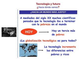 Tecnología y futuro
¿Hacia dónde vamos?
A mediados del siglo XX muchos científicos
pensaba que la tecnología iba a terminar
con la pobreza en el mundo
Hay un tercio más
de pobres
HOY
¿HACIA UN MUNDO MÁS JUSTO?
¿La globalización tecnológica es para todos?
La tecnología incrementa
las diferencias entre
pobres y ricos
 