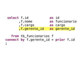 select f.id as id
,f.nome as funcionario
,f.cargo as cargo
,f.gerente_id as gerente_id
,????? as gerente_nome
from tb_funcionarios f
connect by f.gerente_id = prior f.id
;
 