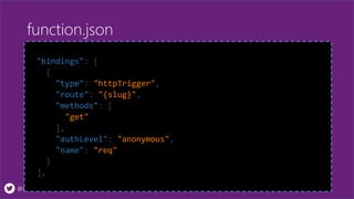 @Jan_de_V
function.json
"bindings": [
{
"type": "httpTrigger",
"route": "{slug}",
"methods": [
"get"
],
"authLevel": "anonymous",
"name": "req"
}
],
 