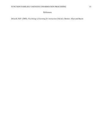 FUNCTION FAMILIES: COGNITIVE INFORMATION PROCESSING 51
References
Driscoll, M.P. (2005). Psychology of learning for instruction (3rd ed.). Boston: Allyn and Bacon
 