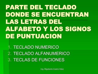 PARTE DEL TECLADO
DONDE SE ENCUENTRAN
LAS LETRAS DEL
ALFABETO Y LOS SIGNOS
DE PUNTUACION
1. TECLADO NUMERICO
2. TECLADO ALFANUMERICO
3. TECLAS DE FUNCIONES
Ing. RIgoberto Castro Hdez
 