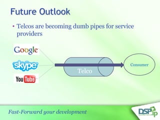 • Telcos are becoming dumb pipes for service
   providers



                                           Consumer
                         Telco




Fast-Forward your development
 