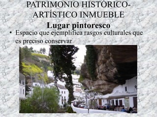 PATRIMONIO HISTÓRICO-
ARTÍSTICO INMUEBLE
Lugar pintoresco
• Espacio que ejemplifica rasgos culturales que
es preciso conservar
 